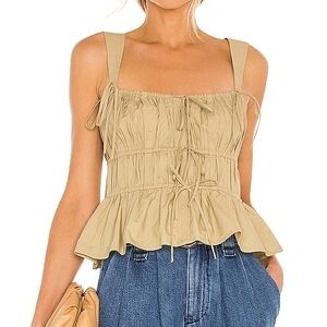 REVOLVE ULLA JOHNSON Lulu Beige Smocked Ruched Ruffle Tie Peplum Top Sz 6